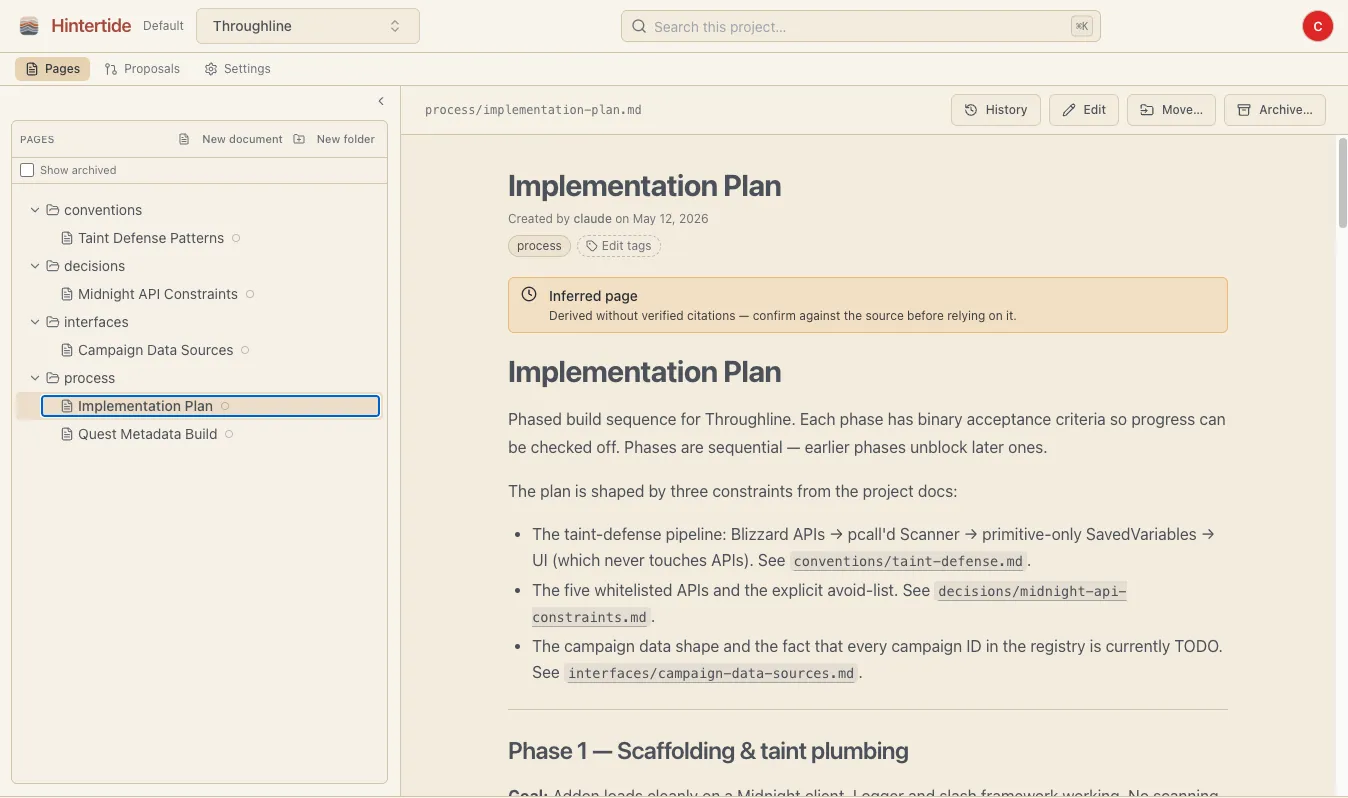 Screenshot of Hintertide — the SPA's page view with the document tree, page content, and proposals queue